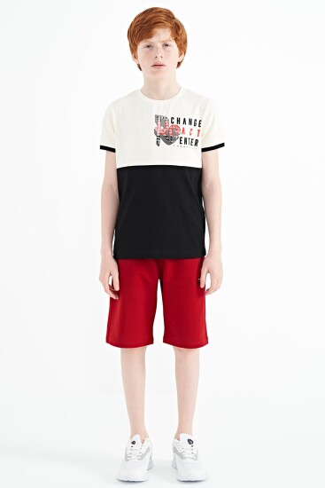 Ekru Baskı Detaylı Renk Bloklu Standart Kalıp O Yaka Erkek Çocuk T-Shirt - 11107 