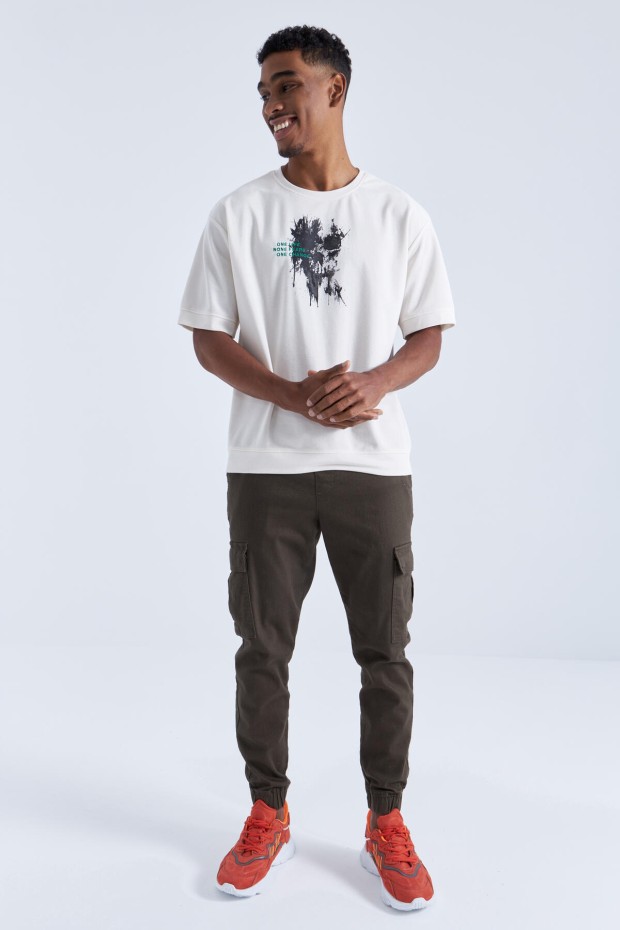 Ekru Baskılı Yazı Nakışlı O Yaka Erkek Oversize T-Shirt - 88105