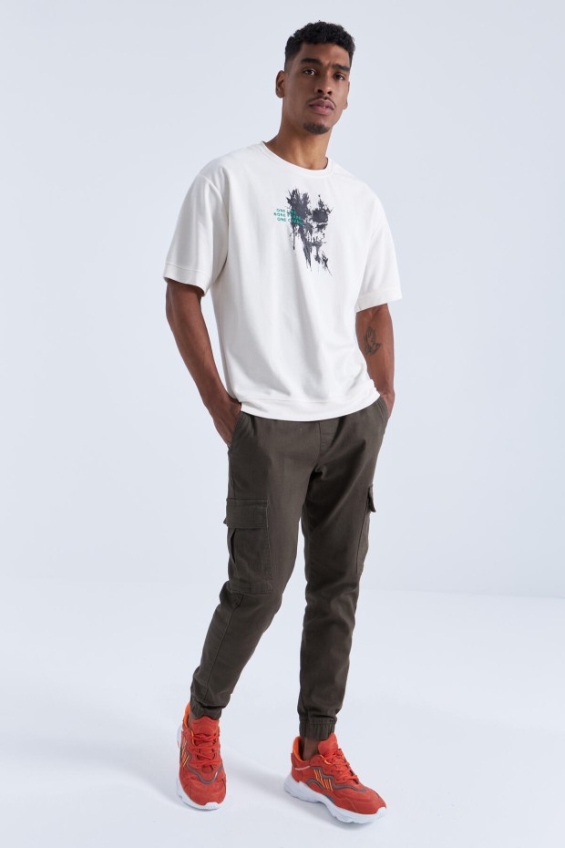 Ekru Baskılı Yazı Nakışlı O Yaka Erkek Oversize T-Shirt - 88105
