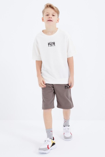 Ekru - Camel Yazı Nakışlı Oversize Erkek Çocuk Şort Takım - 10897 