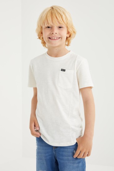 Ekru Cep Detaylı Basic Kısa Kol O Yaka Erkek Çocuk T-Shirt - 10857 