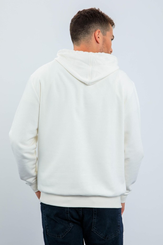 Ekru Desen Baskılı Kapüşonlu Rahat Form Erkek Sweatshirt - 88018