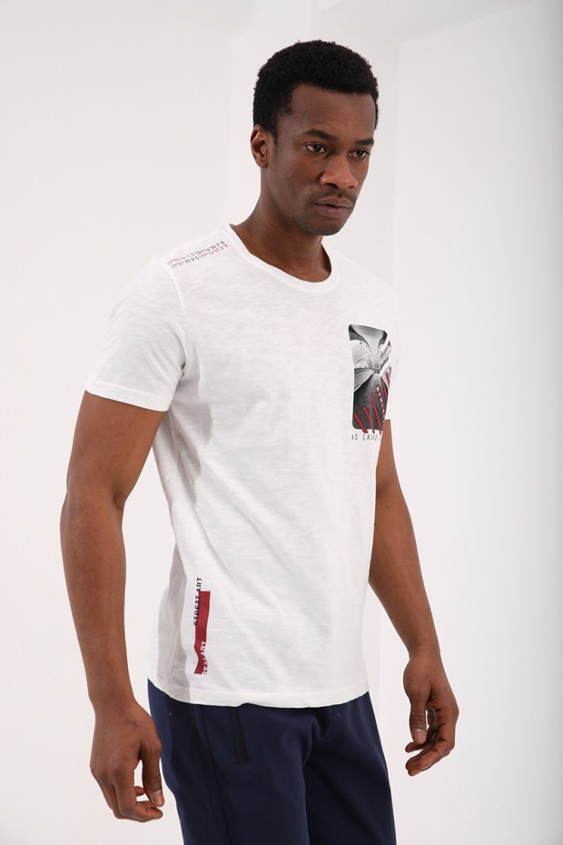 Ekru Göğüs Baskılı Koordinat Detaylı Standart Kalıp O Yaka Erkek T-Shirt - 87894