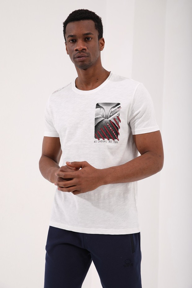 Ekru Göğüs Baskılı Koordinat Detaylı Standart Kalıp O Yaka Erkek T-Shirt - 87894