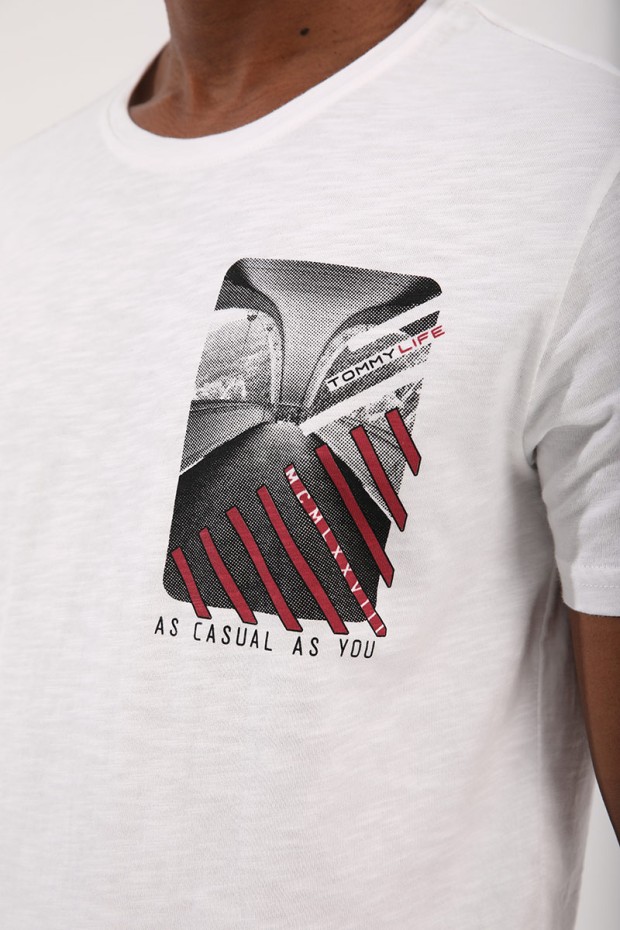 Ekru Göğüs Baskılı Koordinat Detaylı Standart Kalıp O Yaka Erkek T-Shirt - 87894