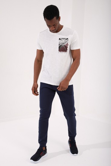 Ekru Göğüs Baskılı Koordinat Detaylı Standart Kalıp O Yaka Erkek T-Shirt - 87894 - Thumbnail