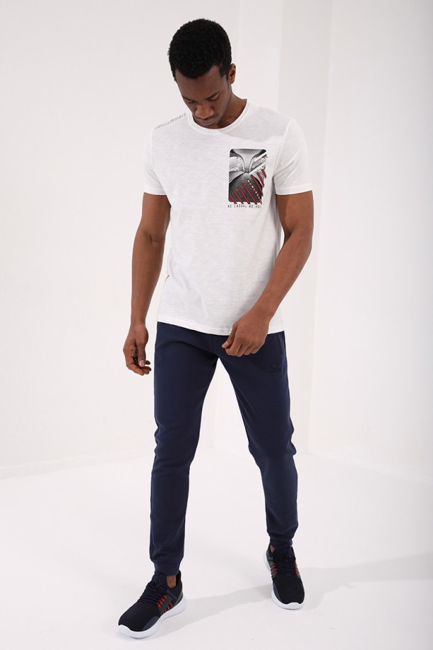 Ekru Göğüs Baskılı Koordinat Detaylı Standart Kalıp O Yaka Erkek T-Shirt - 87894