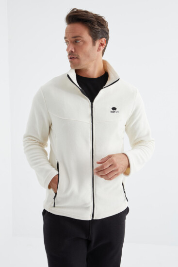 Ekru Fermuarlı Dik Yaka Standart Kalıp Erkek Polar Sweatshirt - 88134 