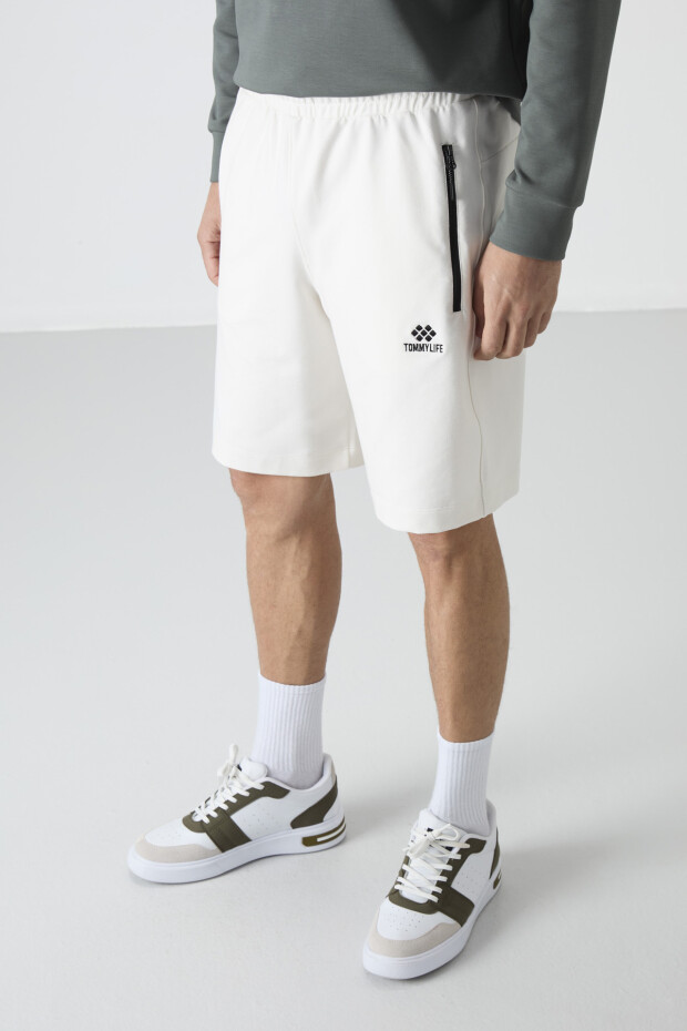 Ekru Gizli Fermuar Arka Cepli Bağcıklı Standart Kalıp Erkek Şort - 81136 - 2