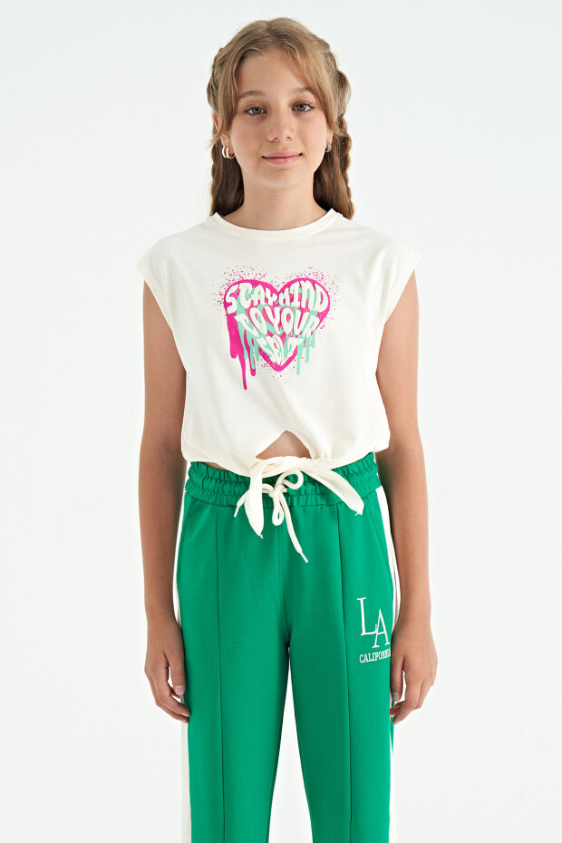 Ekru Kalp Baskılı Ön Düğüm Detaylı Rahat Form Kız Çocuk T-Shirt - 75114