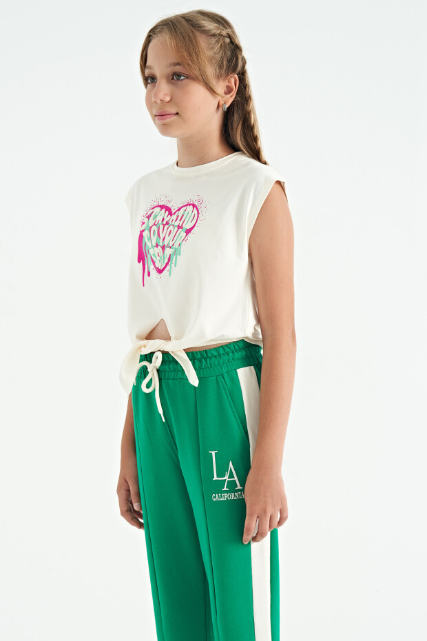 Ekru Kalp Baskılı Ön Düğüm Detaylı Rahat Form Kız Çocuk T-Shirt - 75114