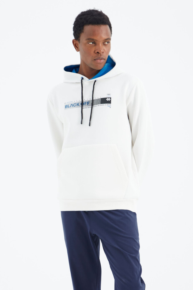 Ekru Kapüşonlu Bağcıklı Baskı Detaylı Rahat Kalıp Erkek Sweatshirt - 88287