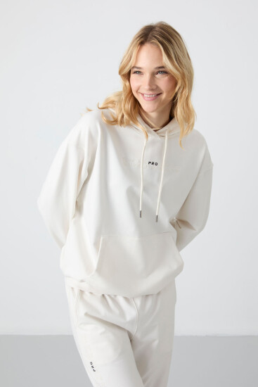Ekru Kapüşonlu Kanguru Cep Oversize Lastik Paça Kadın Eşofman Takımı - 95288 - TOMMYLIFE (1)