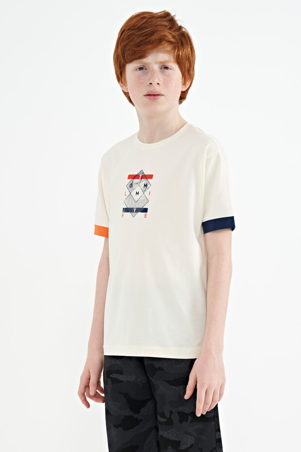 Ekru Kol Ucu Renkli Detaylı Baskılı Oversize Erkek Çocuk T-Shirt - 11137