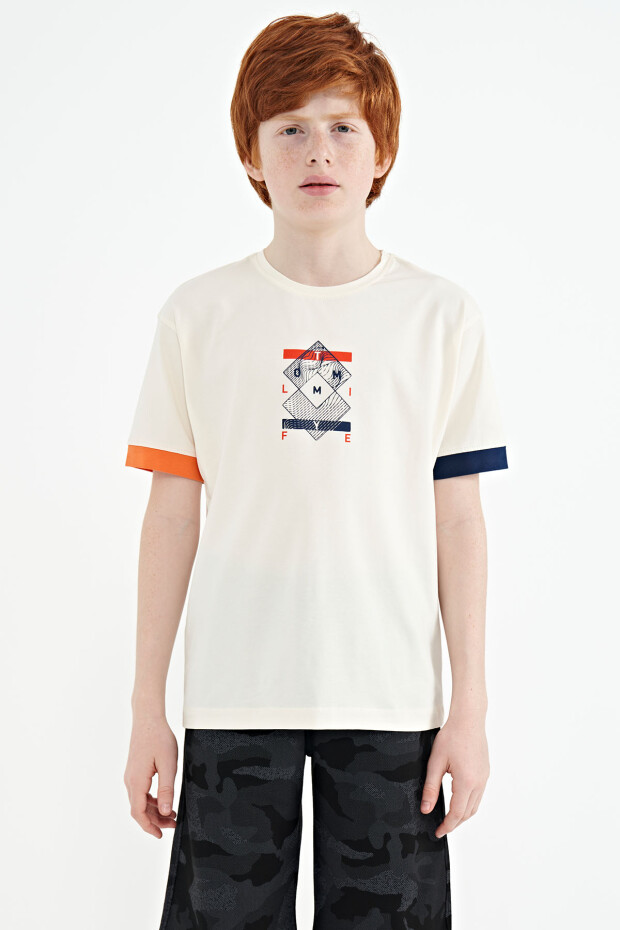 Ekru Kol Ucu Renkli Detaylı Baskılı Oversize Erkek Çocuk T-Shirt - 11137