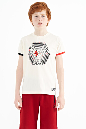 Ekru Kol Ucu Renkli Detaylı Baskılı Standart Kalıp Erkek Çocuk T-Shirt - 11156 
