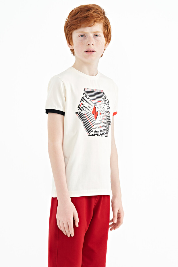 Ekru Kol Ucu Renkli Detaylı Baskılı Standart Kalıp Erkek Çocuk T-Shirt - 11156