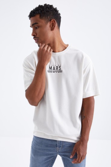 Ekru Mars Yazı Nakışlı O Yaka Erkek Oversize T-Shirt - 88104 