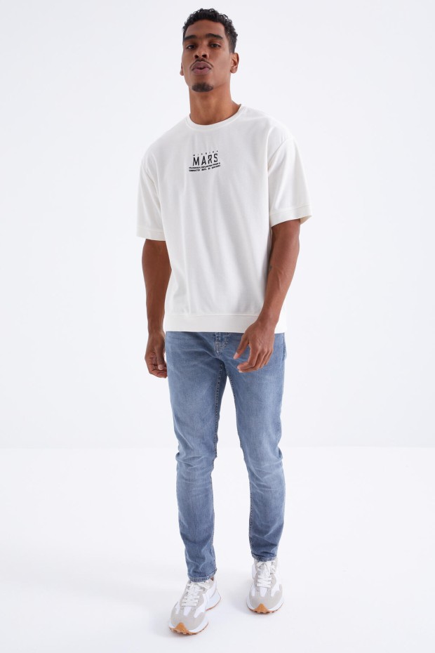 Ekru Mars Yazı Nakışlı O Yaka Erkek Oversize T-Shirt - 88104