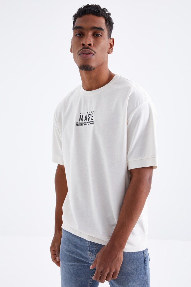 Ekru Mars Yazı Nakışlı O Yaka Erkek Oversize T-Shirt - 88104