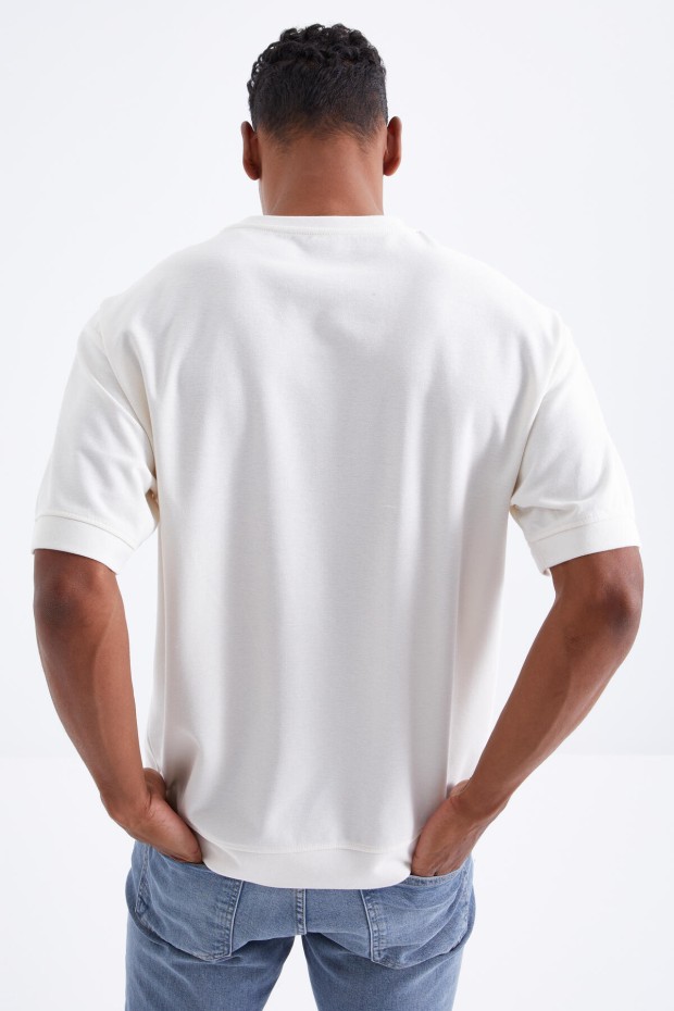 Ekru Mars Yazı Nakışlı O Yaka Erkek Oversize T-Shirt - 88104
