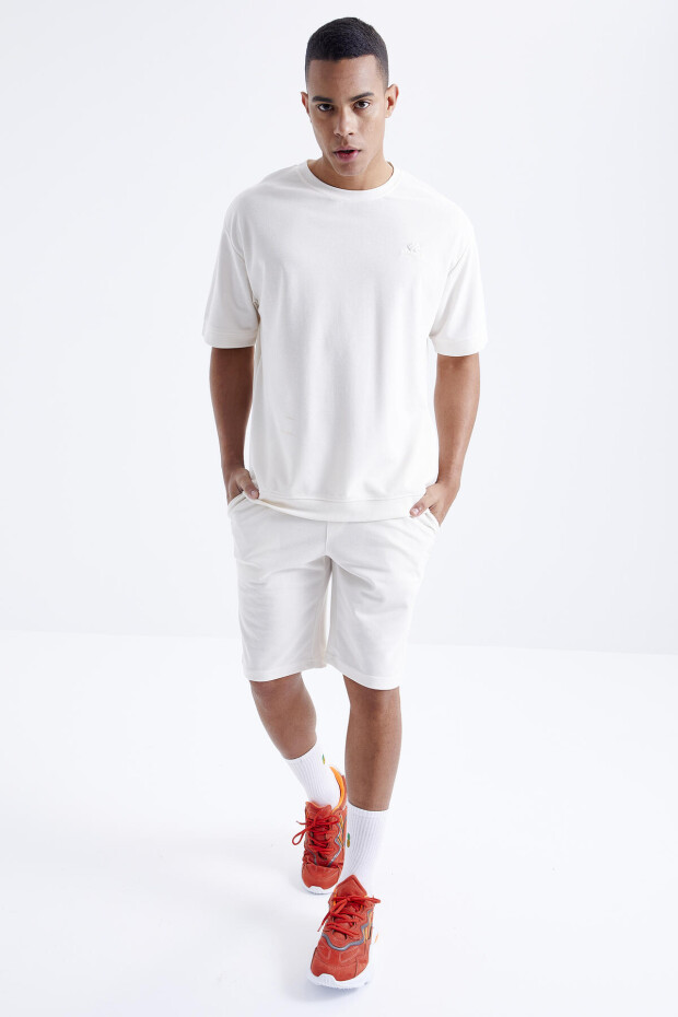 Ekru O Yaka Oversize Bermuda Erkek Şort Takım - 85164