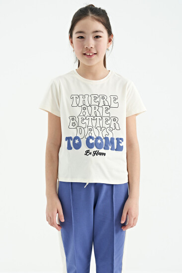 Ekru O Yaka Yazı Baskılı Rahat Form Kısa Kollu Cropped Kız Çocuk T-Shirt - 75118 