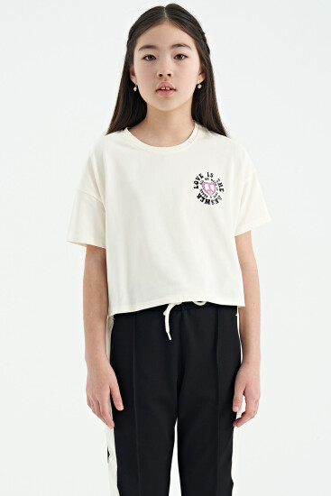 Ekru Ön Arka Baskılı O Yaka Düşük Omuz Oversize Kısa Kollu Kız Çocuk T-Shirt - 75126 