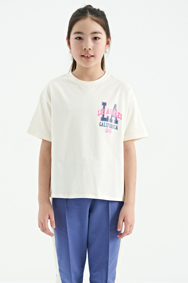 Ekru Ön Arka Baskılı O Yaka Oversize Kısa Kollu Kız Çocuk T-Shirt - 75127