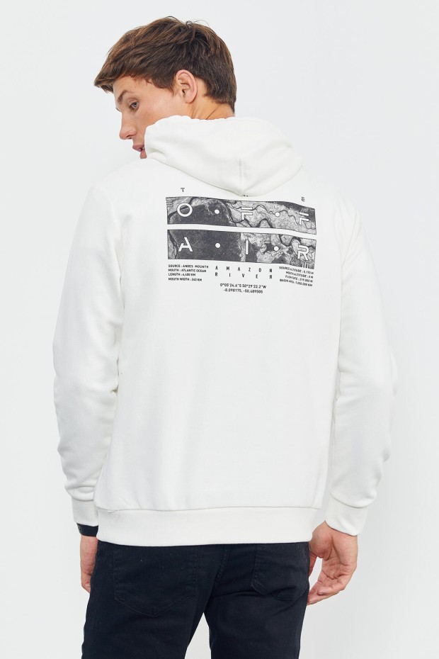 Ekru Ön ve Sırt Baskılı Kapüşonlu Rahat Form Erkek Sweatshirt - 88017