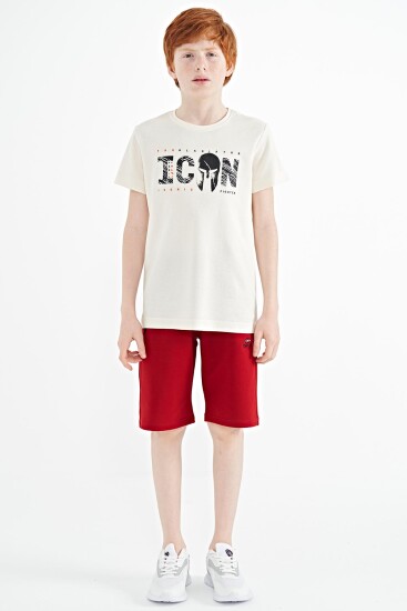 Ekru Ön Yazı Nakışlı O Yaka Standart Kalıp Erkek Çocuk T-Shirt - 11118 - TOMMYLIFE (1)