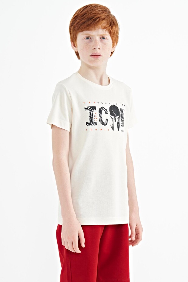 Ekru Ön Yazı Nakışlı O Yaka Standart Kalıp Erkek Çocuk T-Shirt - 11118 - 6