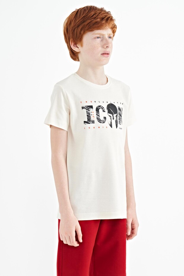 Ekru Ön Yazı Nakışlı O Yaka Standart Kalıp Erkek Çocuk T-Shirt - 11118 - 5