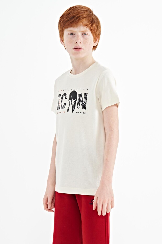 Ekru Ön Yazı Nakışlı O Yaka Standart Kalıp Erkek Çocuk T-Shirt - 11118 - 4