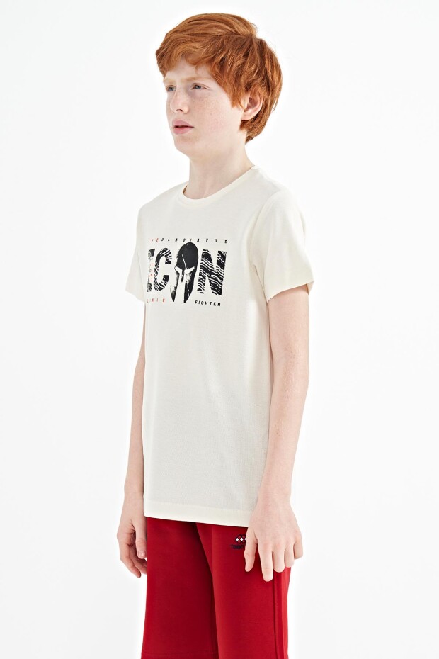 Ekru Ön Yazı Nakışlı O Yaka Standart Kalıp Erkek Çocuk T-Shirt - 11118 - 3