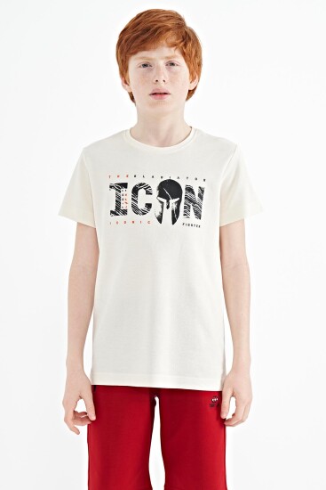 Ekru Ön Yazı Nakışlı O Yaka Standart Kalıp Erkek Çocuk T-Shirt - 11118 