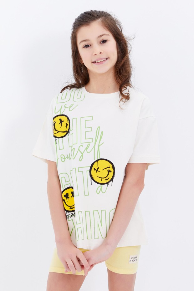 Ekru Oversize Emoji Baskılı O Yaka Düşük Omuz Kız Çocuk T-Shirt - 75042