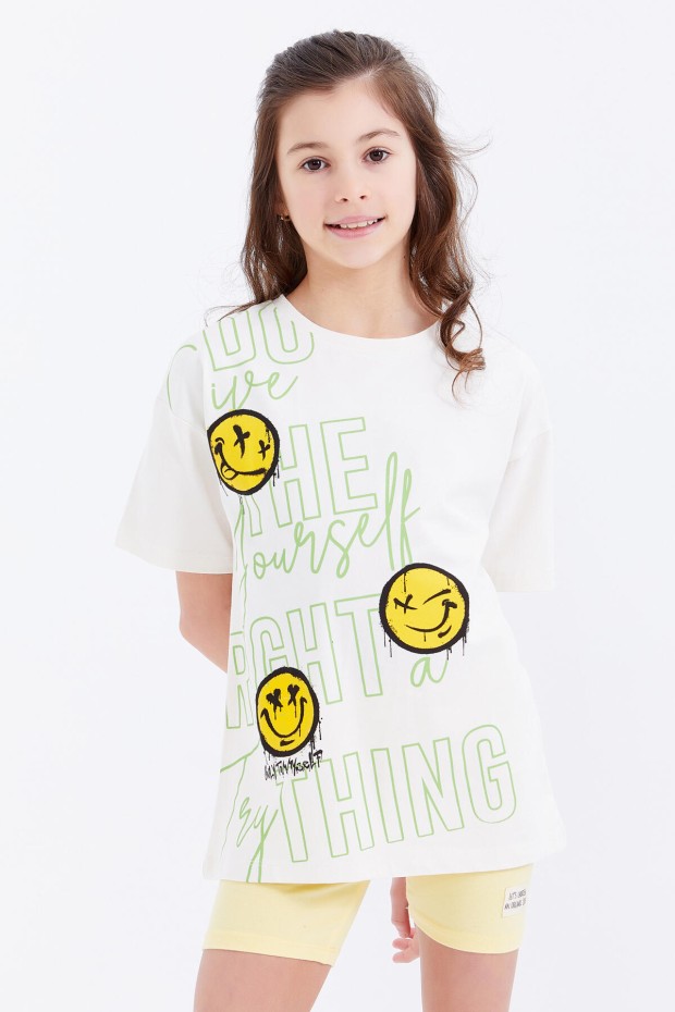 Ekru Oversize Emoji Baskılı O Yaka Düşük Omuz Kız Çocuk T-Shirt - 75042