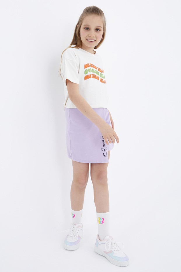 Ekru Oversize Renkli Yazı Baskılı Düşük Omuz O Yaka Kız Çocuk Crop T-Shirt - 75038