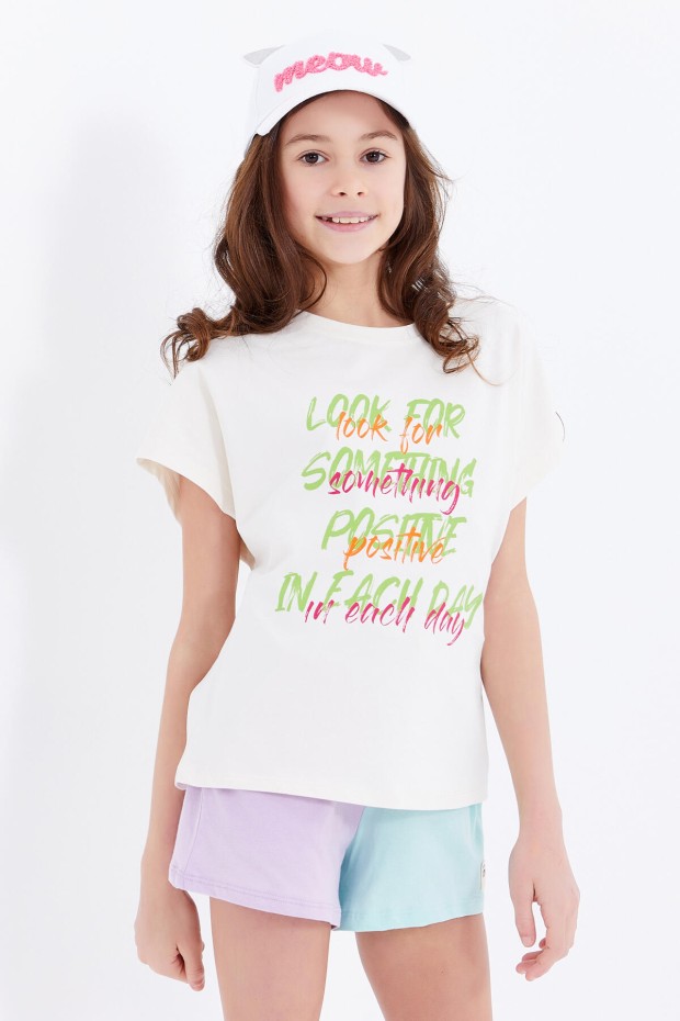 Ekru Oversize Renkli Yazı Baskılı O Yaka Kız Çocuk T-Shirt - 75029