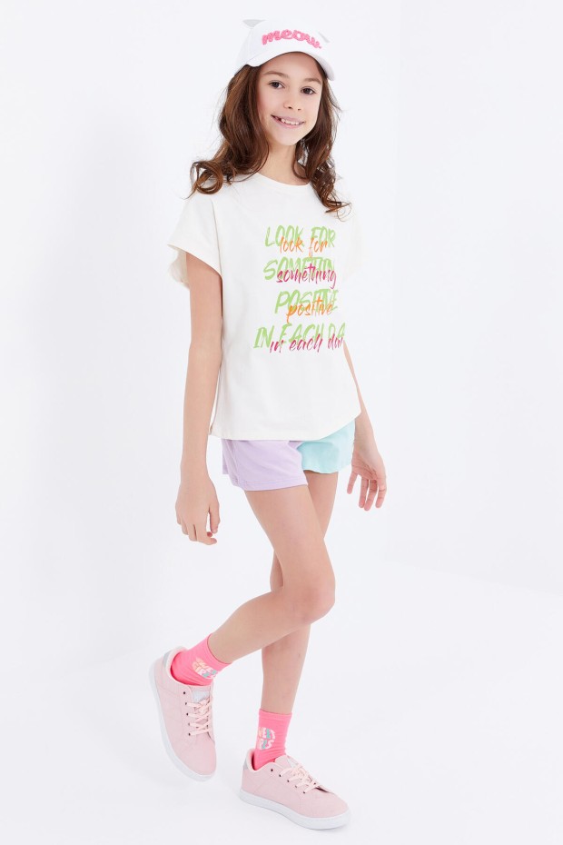 Ekru Oversize Renkli Yazı Baskılı O Yaka Kız Çocuk T-Shirt - 75029