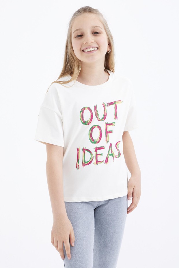Ekru Oversize Yazı Baskılı O Yaka Düşük Omuz Kız Çocuk T-Shirt - 75028