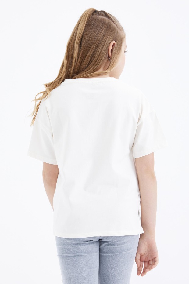 Ekru Oversize Yazı Baskılı O Yaka Düşük Omuz Kız Çocuk T-Shirt - 75028