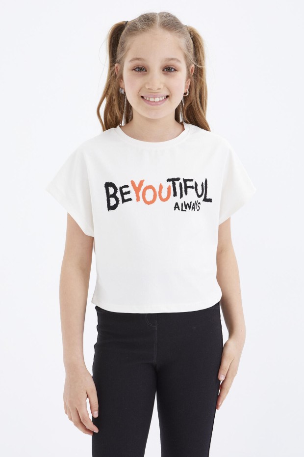 Ekru Oversize Yazı Baskılı O Yaka Kız Çocuk Crop T-Shirt - 75035