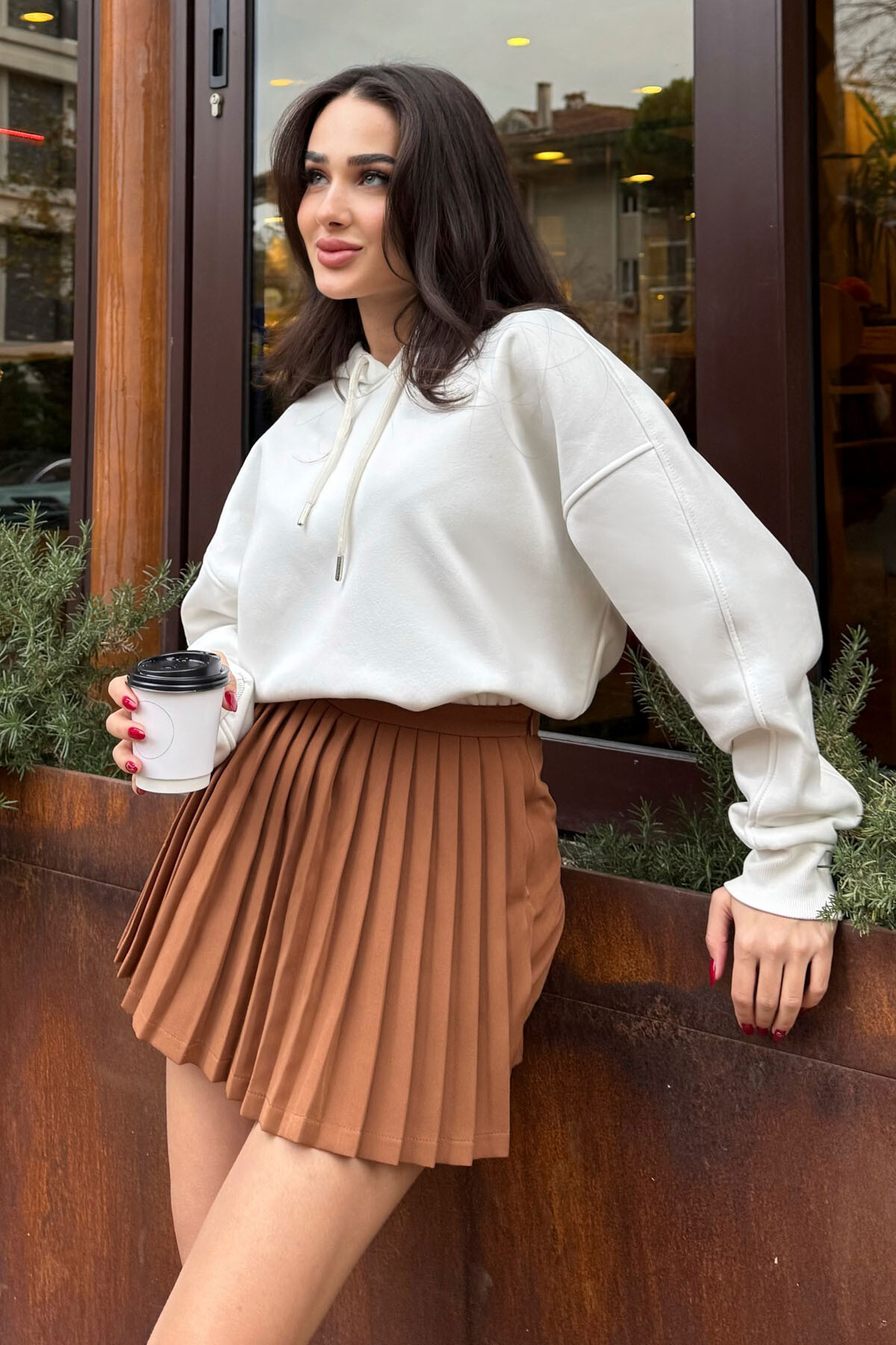 Ekru Reglan Kol Basic Kapüşonlu Oversize Sweatshirt Tunik - 97242 - TOMMYLIFE