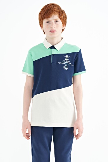 Ekru Renk Bloklu Nakış Detaylı Standart Kalıp Polo Yaka Erkek Çocuk T-Shirt - 11088 