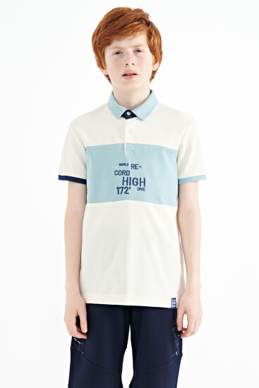 Ekru Renk Geçişli Nakış Detaylı Standart Kalıp Polo Yaka Erkek Çocuk T-Shirt - 11110 