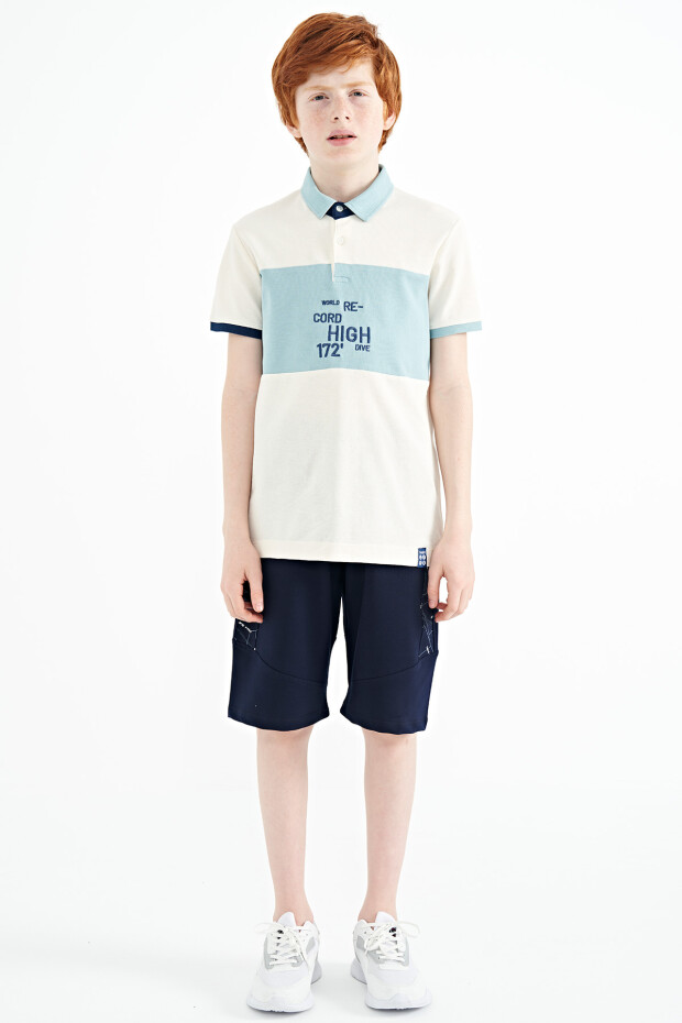 Ekru Renk Geçişli Nakış Detaylı Standart Kalıp Polo Yaka Erkek Çocuk T-Shirt - 11110