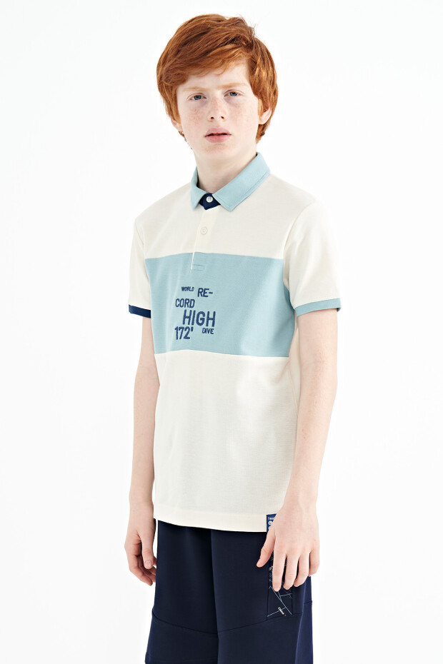 Ekru Renk Geçişli Nakış Detaylı Standart Kalıp Polo Yaka Erkek Çocuk T-Shirt - 11110