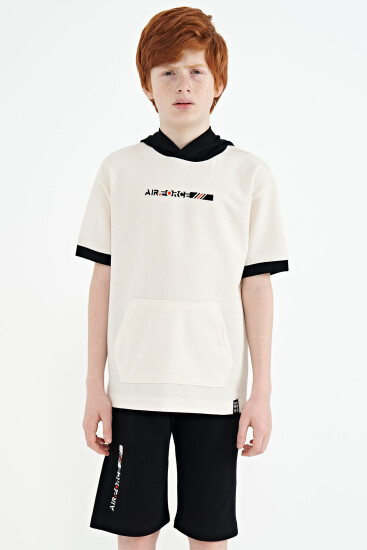 Ekru - Siyah Kanguru Cepli Kapüşonlu Nakış Detaylı Oversize Erkek Çocuk Şort Takım - 11136 - TOMMYLIFE